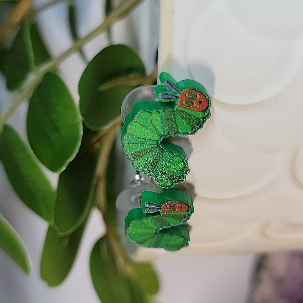 The Very Hungry Caterpillar Stud Earrings, handmade - Picture 6 of 7